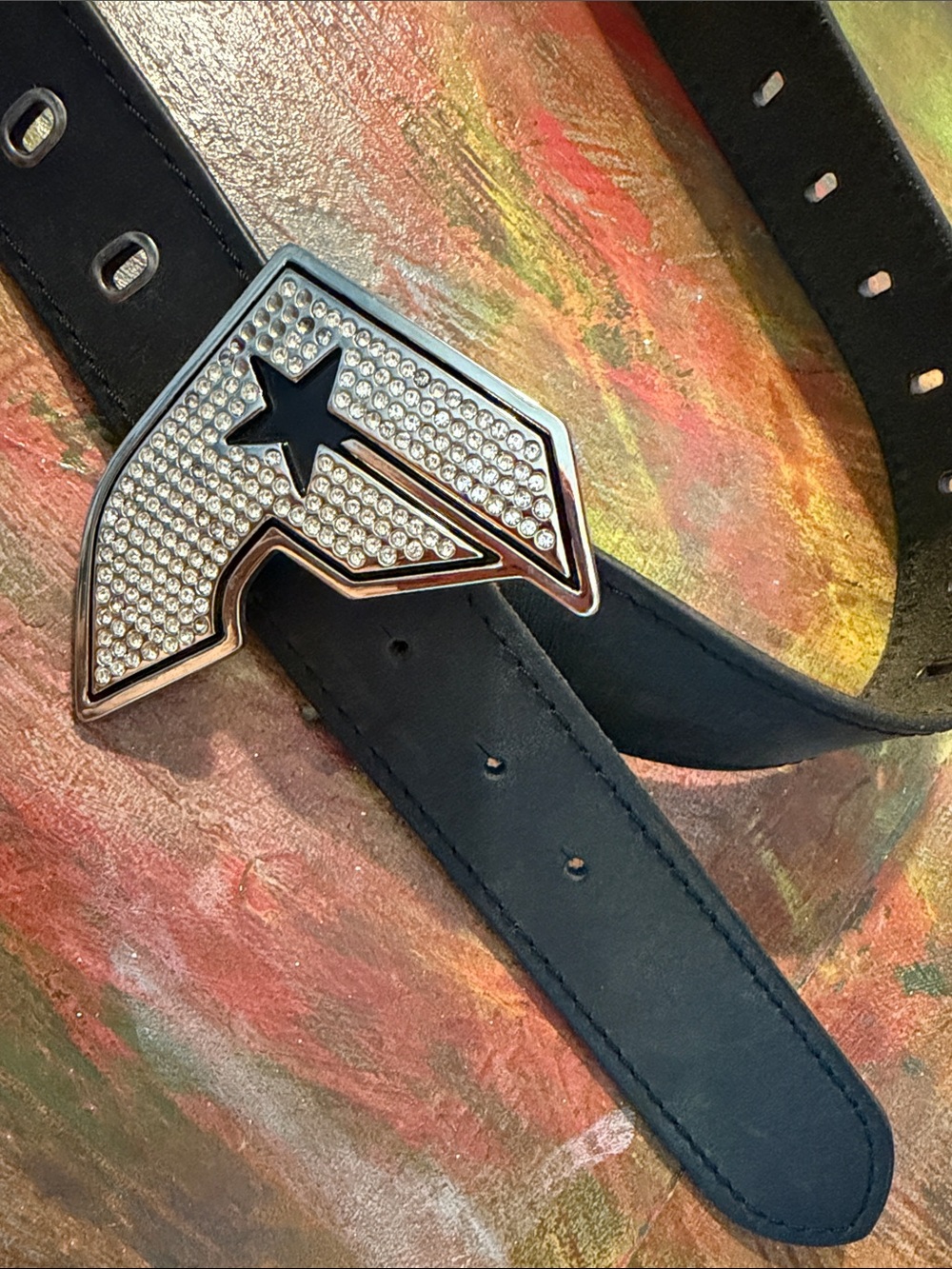 Famous Star & Straps Black Leather Belt w. Buckle Initial F Silver Metal 36"